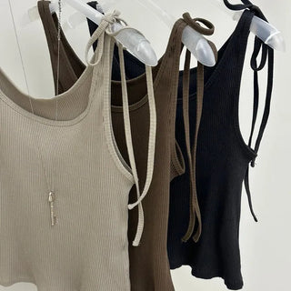 Ribbon Ribbed Top Sleeveless Bustier Layered