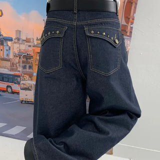(Non-Fade) Pocket Studded Balloon Denim Wide Pants