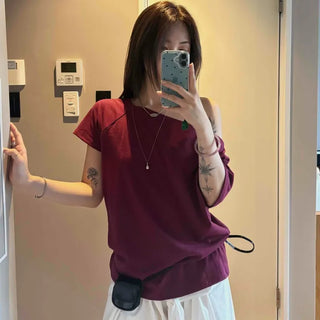 Autumn Asymmetrical Plain Short Sleeve T-shirt