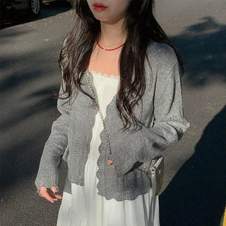 VITO Punched Wavy Lace Crop Cardigan V-Neck Wool Acrylic Long Sleeve Knit Sweater Autumn Transitional Season