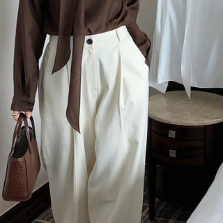 Long Wide Slacks   Autumn Cotton Pants Brown Trousers High-Waisted Pintuck Elastic Slacks