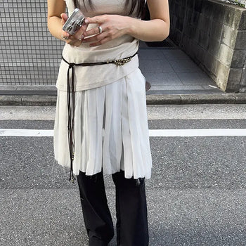 Corrugated Vintage See-through Chiffon Pleated Button Layered A-Line Midi Skirt
