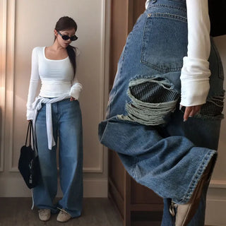 Kalia Damaged Reversible Denim Wide Pants
