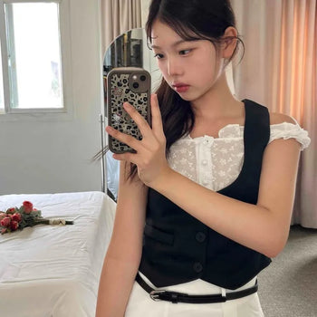 Vest Layered Off-Shoulder Punching Blouse