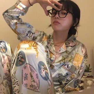 Satin Cat's Shirt Collar Pajama Set