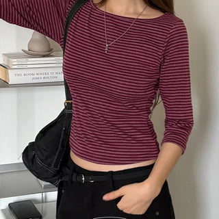 Grape Boat Neck Striped 3/4 Sleeve T-shirt