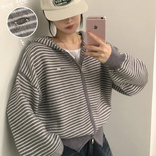 Flowing Avant-garde Fit, Contrast Stripe Pendant Two-Way Loose Fit Hooded Zip-Up Cardigan