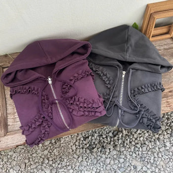 Plum Oversized Ribbon Frill Zip-up Hoodie