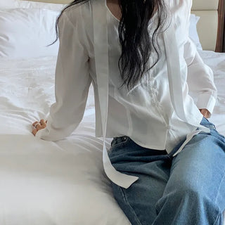 Ellen Tie Blouse   Long-sleeved Shirred Ribbon Semi-cropped Blouse for Wedding Guests