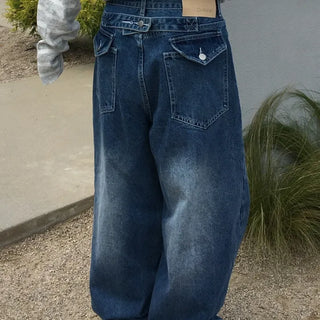Cinch Back Brushed Tab Curved Wide Denim Pants
