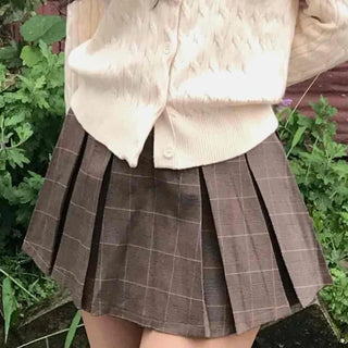 Natural Check Pleated Mini Skirt
