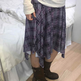Retro Hip Hippie Check Flare Midi Skirt