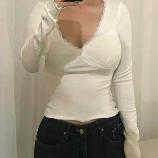 Lace V-neck Plain Long-sleeve T-shirt