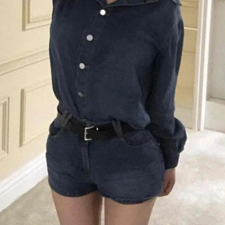 Street plain shirt collar denim two-piece