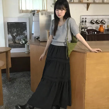 Clean Suede Pintuck Long Skirt Flare/Frill/Pleated/Long Skirt/Elastic Waist Skirt/Comfortable Skirt