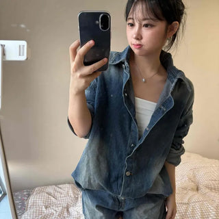 Vintage Washed Loose Fit Denim Two-Piece Set