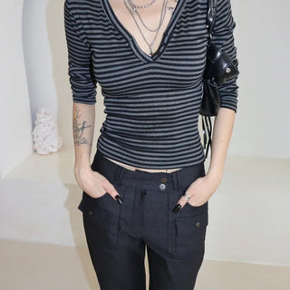 BRIDGE Totto Striped V-neck Long Sleeve Tee