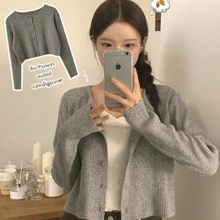 Soft, Cozy Ribbed U-Neck Semi-Crop Long Sleeve Wool Knit Cardigan
