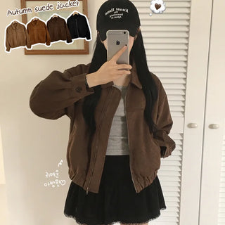 Autumn Vibe, Suede Collared Loose Fit Blouson Autumn Jacket Jumper