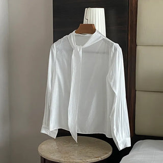 High Neck Tie Blouse   Autumn Long Sleeve Ribbon White Brown Scarf Blouse