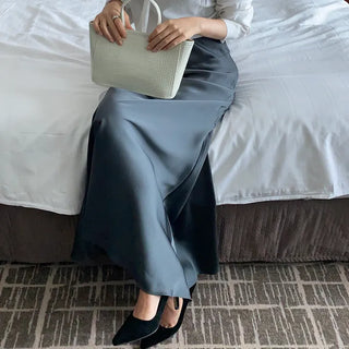 Satin Maxi Long Skirt   Autumn Elastic Waist Flare Long Skirt