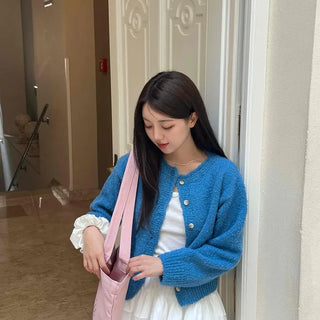 Boucle Round Neck Crop Knit Cardigan