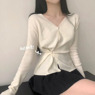 Slimming Autumn Waist Button Wrap V-Neck Ribbed Long Sleeve Knit Cardigan