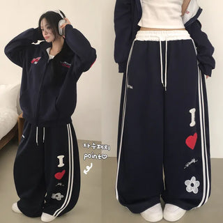 Hip Mood, Contrast Track Elastic Waist, Sherpa Heart Embroidery Patch, Two-Way Drawstring Wide Navy Training Pants