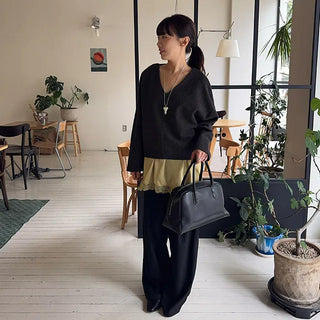 Newter Wool Knit V-Neck Oversized Layered Long Sleeve T-Shirt Top