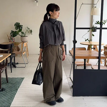Solar Scarf High Neck Loose Fit Oversized Cotton Tie Blouse Work Look Interview Look Wedding Guest Look