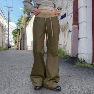 Peanut Color Block Elastic Waist Bootcut Cotton Pants