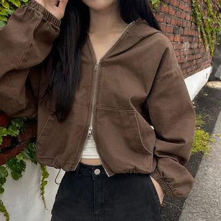 Zeno Stone Washed String Crop Zip-up Hoodie