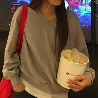 New Basic V-Neck Cotton Plain Sweatshirt