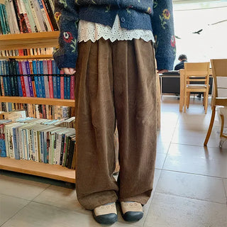 CentU Pintuck Corduroy Wide Pants Velour Corduroy Balloon Pants Brown Pants Autumn Winter