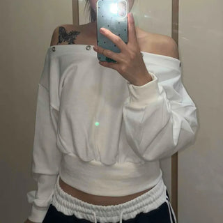 Casual Off-Shoulder Cotton Plain Sweatshirt