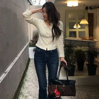 Flap Pocket Washed High-Waisted Bootcut Pants