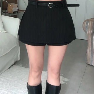 *Belt Set* Seti Striped A-line Slit Skirt Pants