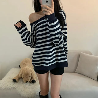 [Delicate..] Milky Striped One-Off Shoulder Sweatshirt