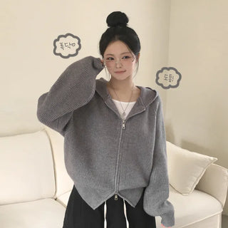 Soft, Wool Ribbed Raglan Two-way Avant-garde Loose Fit Hooded Zip-up Cardigan