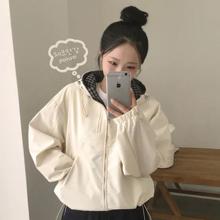 Protective Instinct Avant-Grip Fit, Check Contrast Anorak High Neck Drawstring Gorpcore Loose Fit Windbreaker Hooded Jumper
