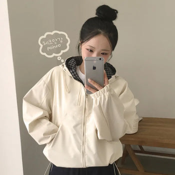 Protective Instinct Avant-Grip Fit, Check Contrast Anorak High Neck Drawstring Gorpcore Loose Fit Windbreaker Hooded Jumper
