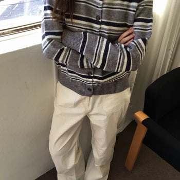 Thick Collared Striped Cardigan