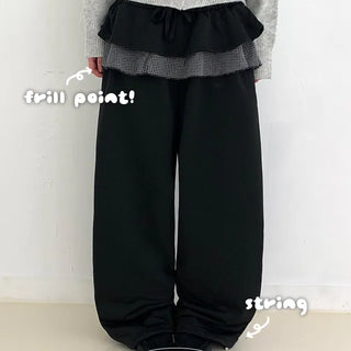 Check Frill Pants Elastic Waist Pants