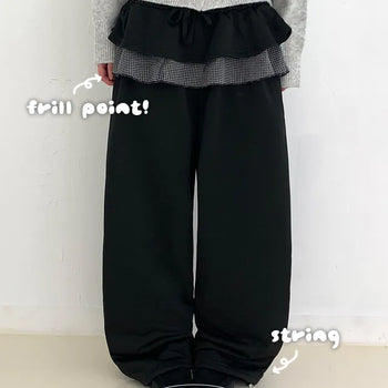 Check Frill Pants Elastic Waist Pants