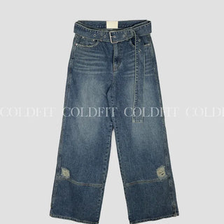 Belted dark blue denim pants