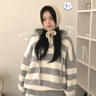 Full of Coziness, Snow Mohair Wool Angora Contrast Striped Loose Oversized Hooded Long Sleeve Knit