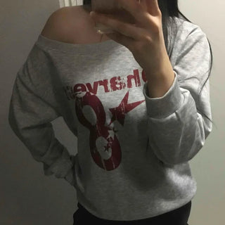 Effortless Chic Numbering Cotton Off-Shoulder Sweatshirt
