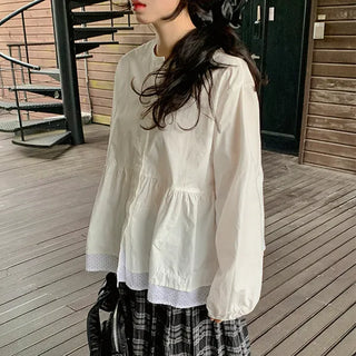 Selina Dot Shirred A-Line Blouse, Polka Dot Layered Round Neck, Wedding Guest Look, Autumn