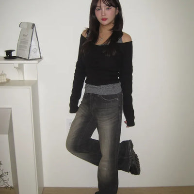 Rendered Washed Stitch Raw Semi-Bootcut Denim Pants -