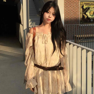 Beige floral frill off-shoulder mini dress
